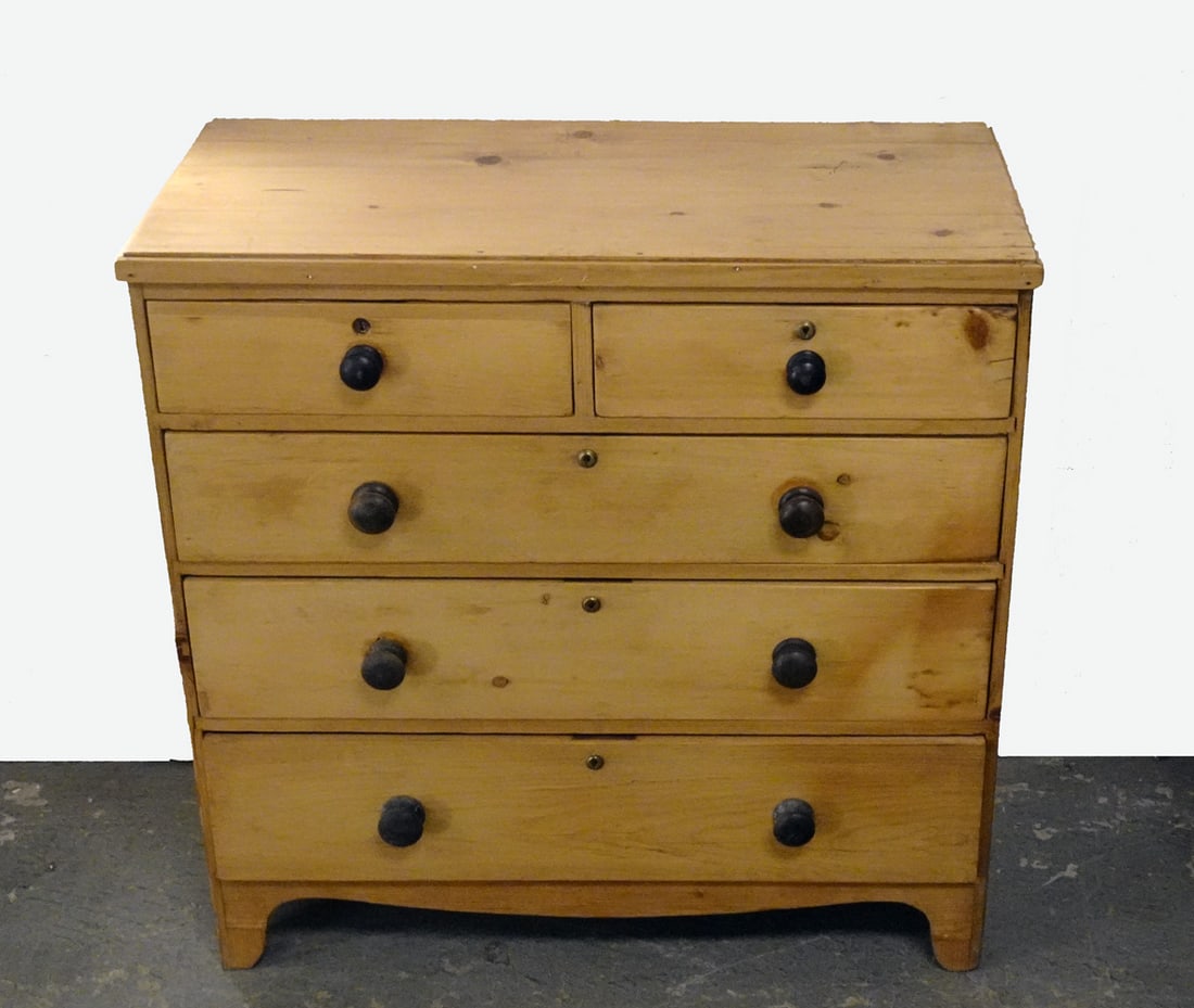 Pine Chest of Drawers: Pine chest of drawers, pair of short drawers over three graduated long drawers, bracket feet, brass escutcheons on all drawers, unsigned,19th C., refinished, 36" (h) x 36" x 17"