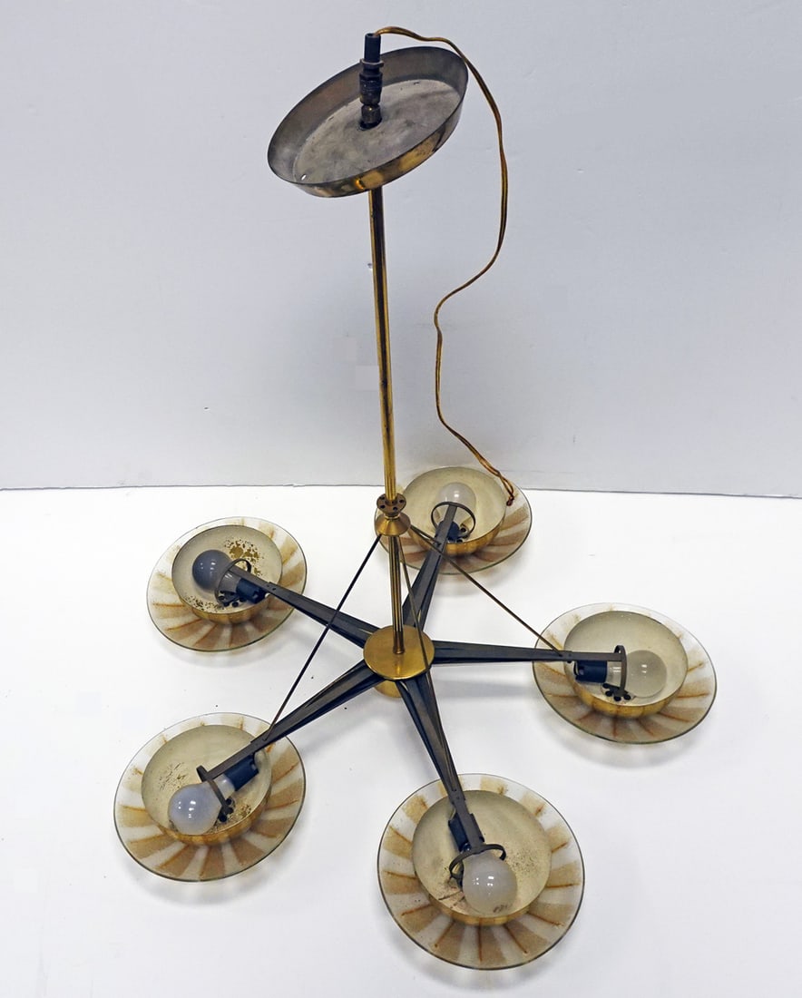 Modernistic Design Chandelier: Modernistic design chandelier, consisting of five stretched out metal arms with painted satellite pendant style glass shades, unsigned, manufacturer unknown, mid 20th c., 30" (h) x 30" x 30"