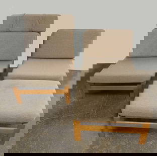 Komfort of Denmark Lounge Chairs and Stool: Komfort of Denmark lounge chairs and stool designed by Grete Jalk, solid teak wood lounge chair, armless side chair and foot stool with custom beige/taupe upholstery, each piece has a Komfort Made in