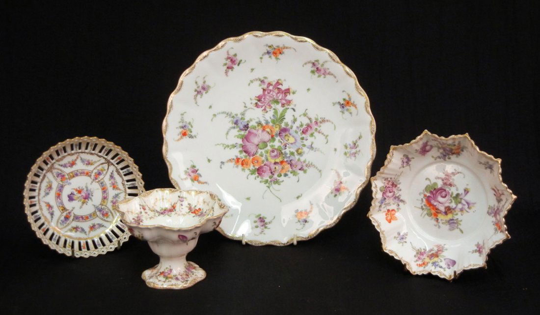 Assorted Dresden and KPM tableware, hand painted fl: Assorted Dresden and KPM tableware, hand painted floral and gilt decoration, including large serving plate 11 1/2" diameter, bowl with ruffled edges 7 1/2" diameter, bowl with open work around edges 6