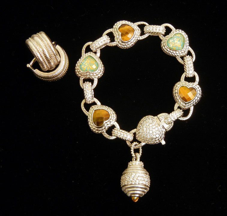 Judith Ripka sterling silver bracelet and earrings: Judith Ripka sterling silver bracelet and earrings, heart motif bracelet with faceted tiger's eye alternating with glass stones, connecting links set with clear rhinestones, round fob pave set with cl