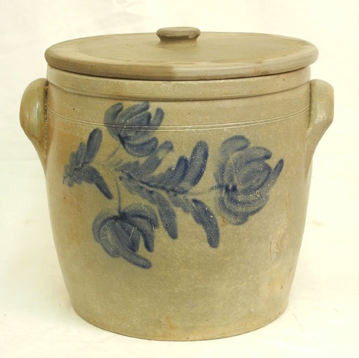 Stoneware crock with lid, impressed Zigler, Newvil: Stoneware crock with lid, impressed Zigler, Newville, PA, cobalt slip foliate decoration on both sides, ear handles, 14" high x 15" diameter