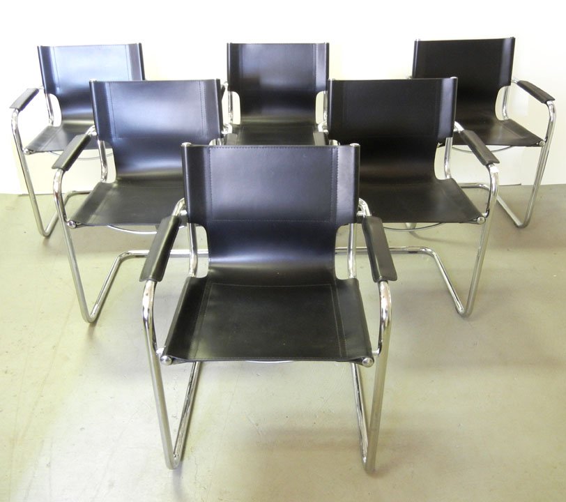 Set of six chrome and leather armchairs in the sty: Set of six chrome and leather armchairs in the style of Gilbert Rohde, 32" high x 23 1/2" x22"