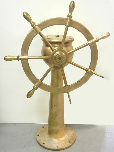 Brass ship's steering column and wheel, 45" high x: Brass ship's steering column and wheel, 45" high x 29"