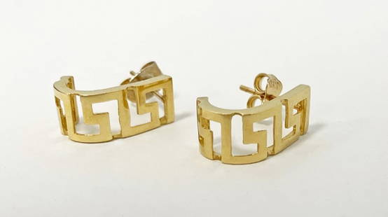 Pair of 14K Gold Greek Key Earrings: Pair of 14K gold Greek Key design earrings, half hoop, post backs, 15mm length, stamped ATT 14K Turkey, post backs stamped 14k, 2.4 grams