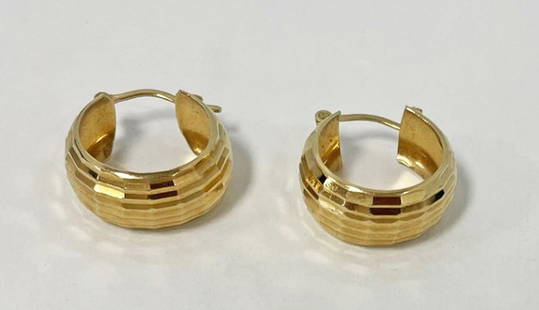 14K Gold Hoop Earrings: 14K gold hammered hoop earrings, 16mm diameter, stamped 14K Turkey, 3.2 grams