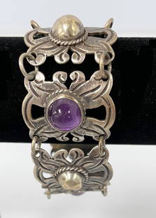 Mexican Silver Bracelet: Mexican silver bracelet, six hinged convex panels each with center stone/bead, alternating amethyst stones and silver beads, stamped Silver Mexico, 6 1/2" x 1 1/4", 59.4 grams
