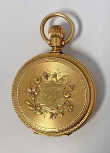 14K Gold Elgin Hunter Pocket Watch: 14K gold Elgin hunter pocket watch, white enameled face with black Roman numerals on dial and second hand dial below, case monogrammed ATJ on front, engraved Annie Judge inside cover and 303659,