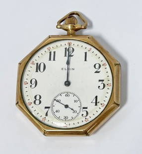 Elgin Gold Filled Pocket Watch: Elgin gold filled pocket watch, second hand dial below, initialed BB on back of octagonal case, works marked 18868669 Elgin Nat'l Watch Co. U.S.A. Seven Jewels Double Roller, inside of case stamped