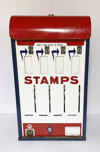 Coin Operated Stamp Dispenser Machine: One cent coin operated Stamps dispenser machine, original red, white and blue painted metal with attached STAMPS mounts, made by Shipman Mfg. Co., Los Angeles, California, 20 1/2" (h) x 12" x 5