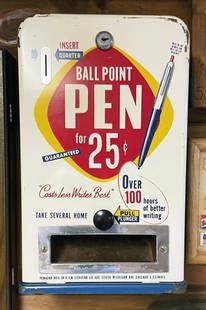 Coin Operated Ball Point Pen Dispenser Machine: 25 cent coin operated BALL POINT PEN dispenser machine, original red, white and blue painted metal with black plastic pull, made by PENNVEND, MFG. IN U.S.A. SERVEND CO., CHICAGO, ILLINOIS, 13 3/4"
