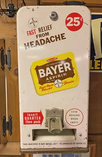 Bayer Aspirin Coin Operated Dispenser Machine: Bayer Aspirin 25 cent coin operated dispenser machine, original paint, manufacturer unknown, 17 1/2" (h) x 8 1/2" x 5 1/2", circa 1950's-1960's, can be used on a countertop or be wall mounted, no keys
