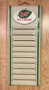 Breyers Ice Cream Metal Display Board Sign: Breyers Ice Cream hanging display board sign, original paint, manufacturer unknown, 10 section display board that held cardboard signs for the ice cream flavors, manufacturer unknown, 27 1/4" (h) x