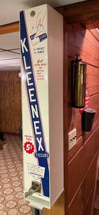 Kleenex Tissues Coin Operated Dispenser Machine: Kleenex Tissues 5 cent coin operated dispenser machine, original paint, made by Ven-Rite Mfg. Co., Chicago, Illinois, 38" (h) x 6 1/4" x 7", circa 1950's-1960's,no keys