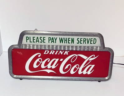 Coca-Cola Light Up Advertising Display Sign: PLEASE PAY WHEN SERVED DRINK COCA-COLA advertising light up display sign, original painted metal case with painted glass panels, manufacturer unknown, 9" (h) x 19 1/4" x 3 1/4", circa 1940's-1950's,