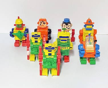 Topper Toys Ding A Lings Robots Grouping: Eight piece Topper Toys plastic Ding A Ling Robots grouping, circa late 1960's, 4 1/4" (h) x 2 3/4" x 2 1/2"