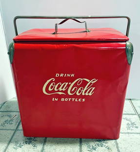 Acton Mfg. Co. Coca-Cola Picnic Cooler: Action Mfg. Co. DRINK COCA COLA IN BOTTLES embossed and painted metal picnic cooler, circa 1950's, 19" (h) x 18 1/4" x 12"