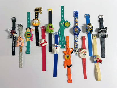 Novelty Character Watch Grouping: Fourteen piece novelty character watch grouping, includes 7 1/4" (l) California Raisins, 8" (l) Dinosaurs, 8 1/4" (l) Flintstones-Fred and Dino, 8" (l)Garfield the Cat, 8 1/2" (l) Ghostbusters (qty