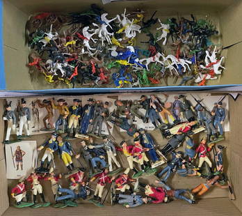 Vintage Miniature Plastic Toy Figures: One hundred and twenty-two piece miniature plastic toy figures grouping, includes forty assorted Louis Marx Inc. Warriors of the World and seventy-two assorted Giant (Made in Hong Kong) Cowboy and Ind