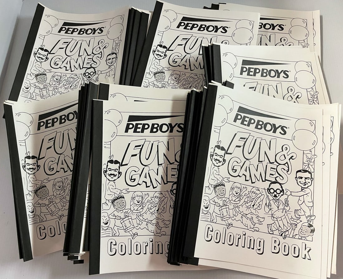 Pep Boys Fun and Games Coloring Books: Eighty-six piece Pep Boys promotional advertising Fun and Games Coloring Book grouping, circa 1994, size for each book is 11" (h) x 8 1/2"