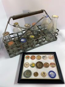 Vintage Dairy Bottles/Holder/Caps Grouping