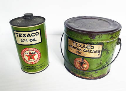 Vintage Texaco Grease and Oil Cans: Vintage The Texas Company Petroleum Products Texaco Marfak Grease No. 2 and 574 Oil cans, circa 1940's, 8 1/2" (h) x 7" x 6" and 7" (h) x 3 3/4" x 3 3/4"