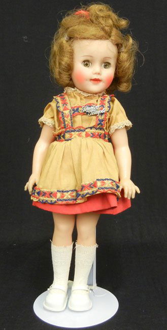 Ideal Shirley Temple, 15", vinyl and hard plastic, all: Ideal Shirley Temple, 15", vinyl and hard plastic, all original with Shirley Temple pin, sleep eyes, painted and applied lashes, painted open mouth with teeth, wearing dress, underwear, socks and shoe