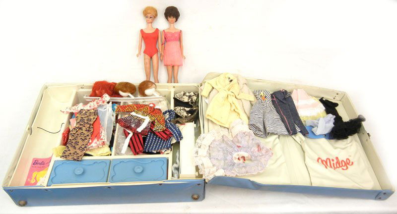 Barbie and Midge doll case with two Barbies: Barbie and Midge doll case with two Barbies, Bubble Cut Barbie and Fashion Queen Barbie, clothing (some tagged) and accessories, case measures 14" x 18" x 4"