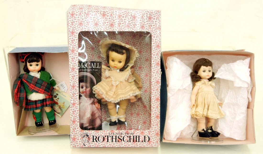 Rothschild Betsy McCall doll and two Madame Alexander d: Rothschild Betsy McCall doll and two Madame Alexander dolls, Betsy McCall #1308 "Betsy goes to a Birthday Party" with hang tags and paperwork in original box; Madame Alexander "Scotland" 596 in origin