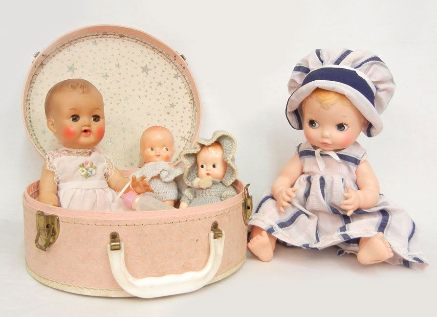 Grouping of dolls, including Betsy Wetsy 13" Ideal Doll: Grouping of dolls, including Betsy Wetsy 13" Ideal Doll Co., vinyl, all original; Vogue hard plastic doll 15"; and two celluloid dolls, in case