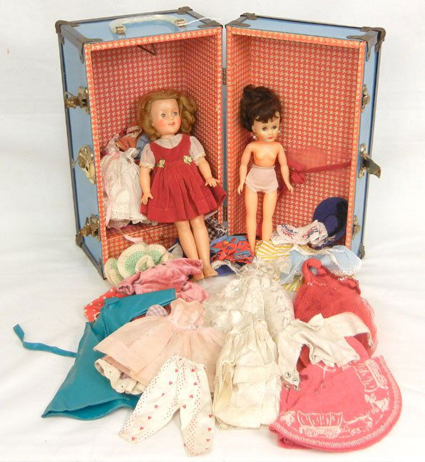 Ideal Shirley Temple doll, 12", in doll trunk, with add: Ideal Shirley Temple doll, 12", in doll trunk, with additional look-a-like doll, additional clothing and accessories, trunk measures 8" x 14 1/4" x 8 1/4"