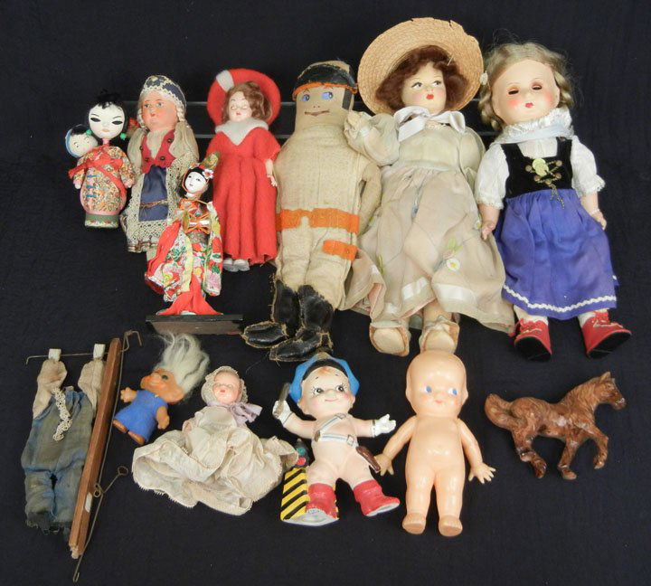 Grouping of assorted dolls including German celluloid, : Grouping of assorted dolls including German celluloid, early cloth, Lenci type, Kewpies, and more