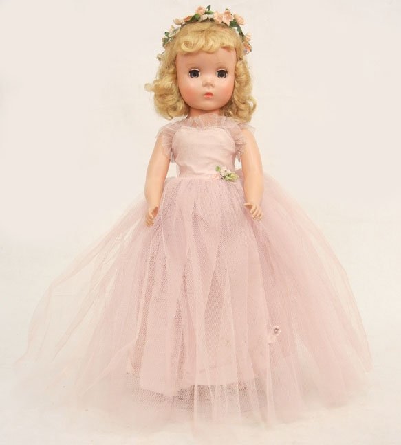 Madame Alexander hard plastic doll "Maggie", 14", in pi: Madame Alexander hard plastic doll "Maggie", 14", in pink tagged formal gown, 1950's
