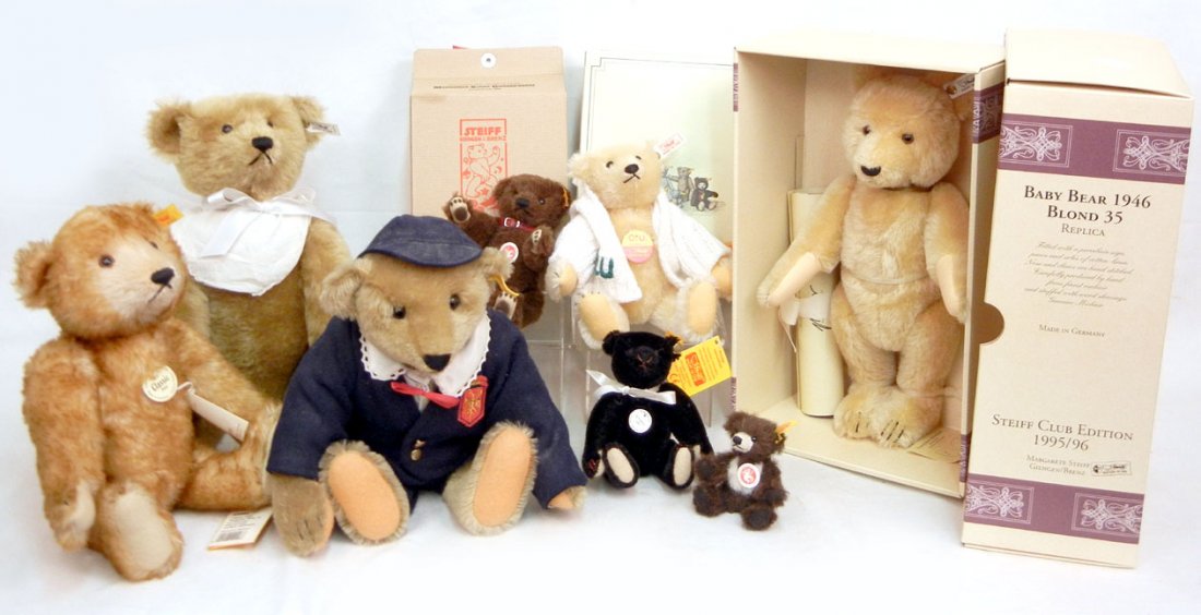 Grouping of eight Steiff bears including "Baby Bear 194: Grouping of eight Steiff bears including "Baby Bear 1946" mint in box with certificate of authenticity, "Gathering 1995" mint in box, "Classic" mint in box with hang tags, "Classic Petsy", "1906 Repli