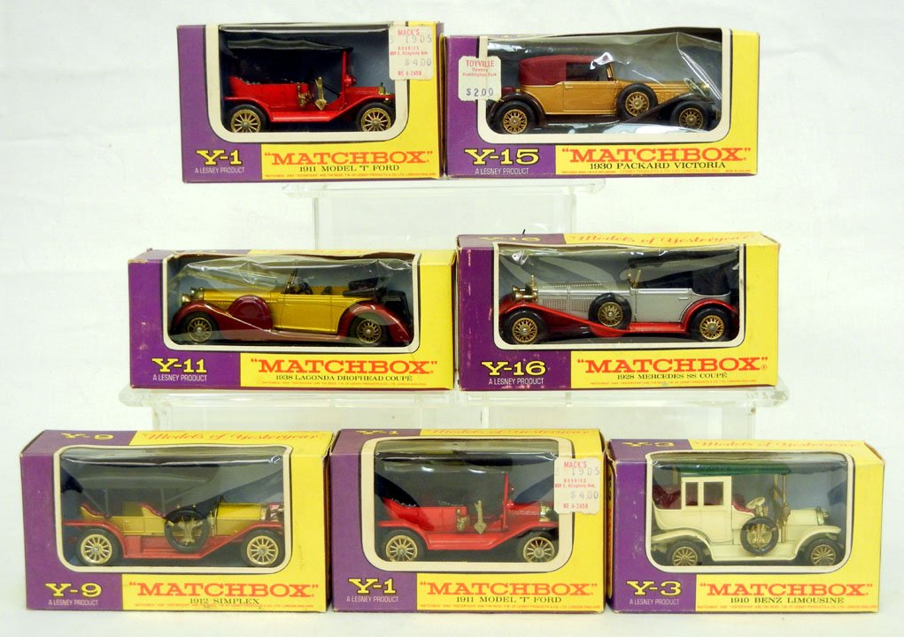 Seven "Matchbox" by Lesney cars in original boxes, incl: Seven "Matchbox" by Lesney cars in original boxes, including two 1911 Model "T" Fords Y-1, 1910 Benz Limousine Y-3, 1912 Simplex Y-9, 1938 Lagona Drophead Coupe Y-11, 1930 Packard Victoria Y-15, and a