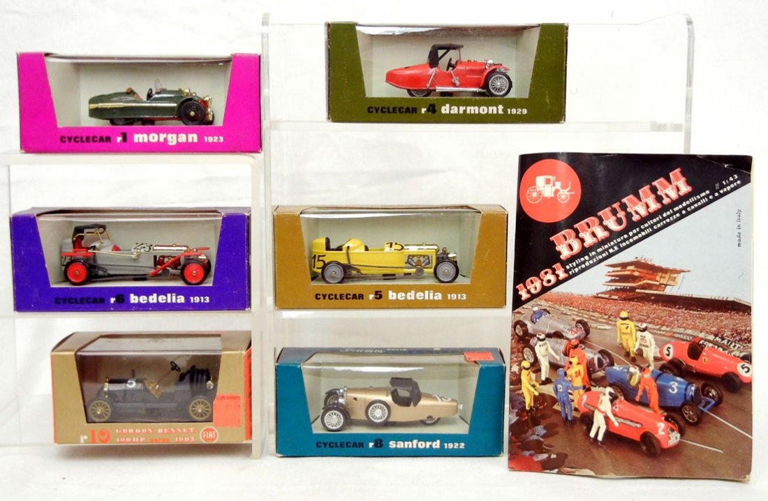 Collection of six Brumm die cast model cars and booklet: Collection of six Brumm die cast model cars and booklet, including r1 Morgan 1923, r4 Darmont 1929, r5 Bedelia 1913, r6 Bedelia 1913, r8 Sanford 1922, and a r10 Gordon Bennet 100 HP corsa 1905, all st
