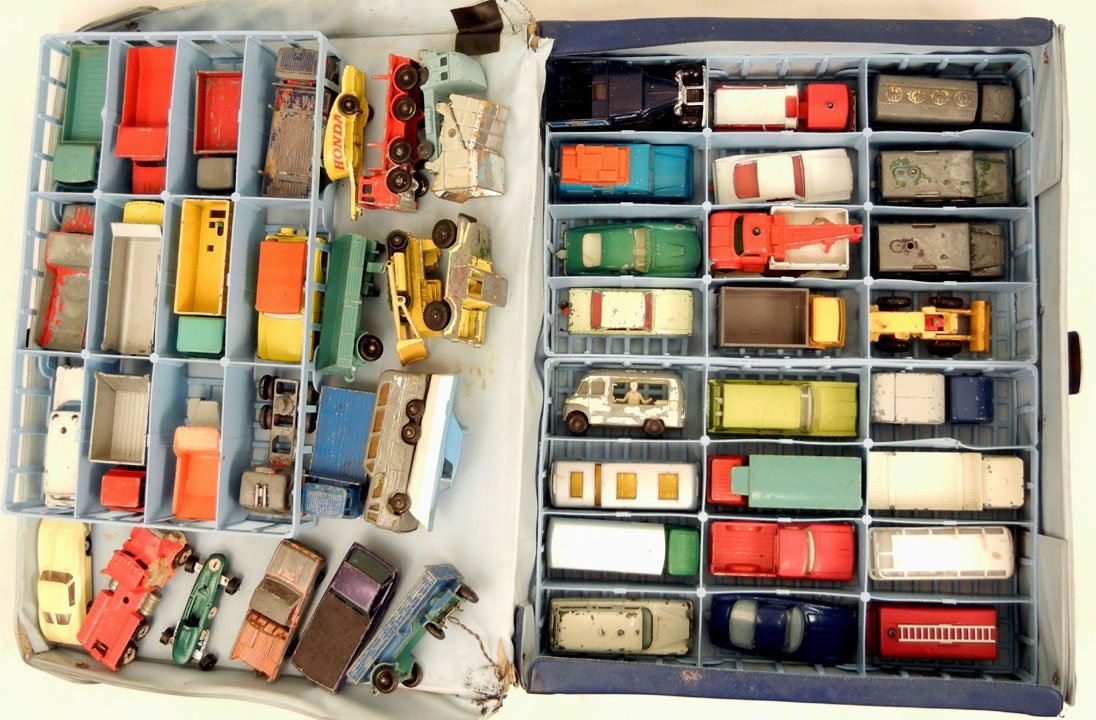 "Matchbox" series collectors case by Lesney, with forty: "Matchbox" series collectors case by Lesney, with forty-four "Matchbox" by Lesney vehicles, and nine additional vehicles, including Playart, Hot Wheels, Husky, and Aurora