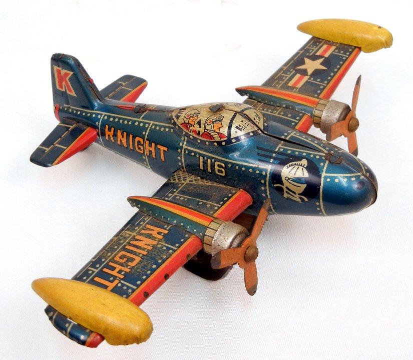 Bandai tin litho friction 116 Knight airplane, 6" high : Bandai tin litho friction 116 Knight airplane, 6" high x 8" across