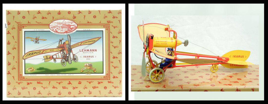 Lehmann Replica Ikarus 653, mint in box, limited editio: Lehmann Replica Ikarus 653, mint in box, limited edition of the 1920s toy, certificate of authenticity No. 0746, 11 3/4" high x 15 1/2" across x 6" deep