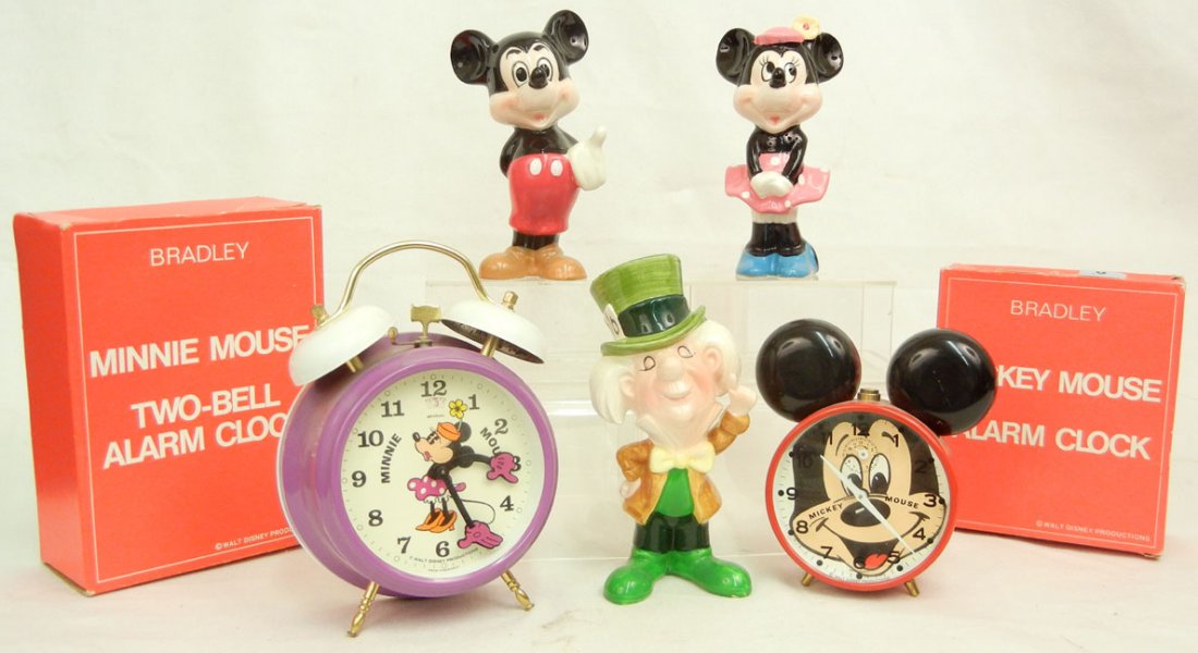 Grouping of Mickey & Minnie memorabilia, including Brad: Grouping of Mickey & Minnie memorabilia, including Bradley Mickey Mouse alarm clock in original box, Bradley Minnie Mouse two-bell alarm clock in original box, three Walt Disney Productions Japan cera