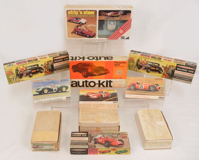 Grouping of metal and plastic model kits, all new in bo: Grouping of metal and plastic model kits, all new in boxes, including Jeco Miniatures Porsche 904, two Precision Miniatures 1952 Hudson Hornets, Precision Miniature 1953 Corvette, two Strombecker '32 