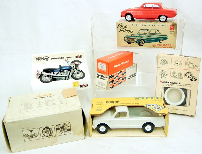 Grouping of scale model cars, including AMT Ford Falcon: Grouping of scale model cars, including AMT Ford Falcon, Western Models Duesenberg S.J. Special, Americana Studebaker coupe 1953,Polistil Norton Commando 750CC, Monogram white wall tires, and an Ertl 
