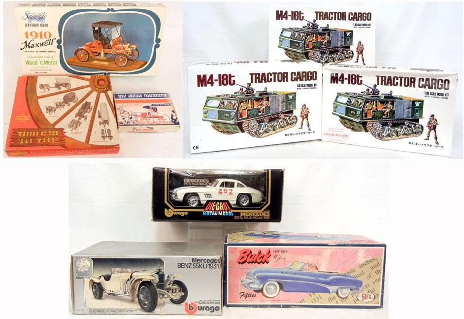 Grouping of model kits and scale model cars, all in ori: Grouping of model kits and scale model cars, all in original boxes, including thee M4-18T tractor cargos, Scientific 1910 "Maxwell", Wagon Masters Wagons of the Old West, Northwestern Products Co. Ran