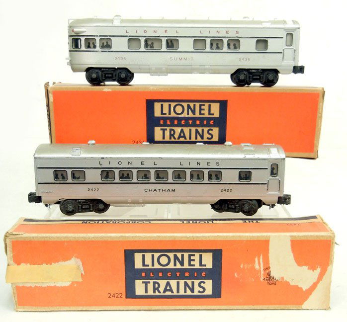 Lionel silver passenger cars, No. 2422 and 2436 in orig: Lionel silver passenger cars, No. 2422 and 2436 in original boxes, No. 2422 Chatham passenger car, No. 2436 Illuminated observation car