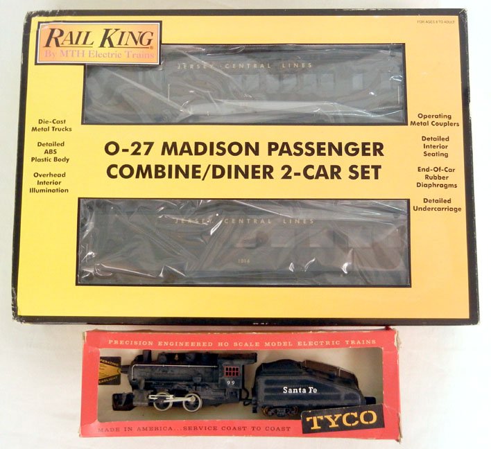 Rail King by MTH 0-27 Madison Passenger Combine/ Diner : Rail King by MTH 0-27 Madison Passenger Combine/ Diner 2-car set, mint in box, and a mint in box Tyco electric HO scale "Shifter II" Santa Fe lighted loco and tender