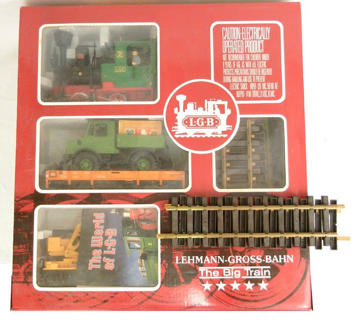 LGB 21401 Goods train set in box, with twelve curved tr: LGB 21401 Goods train set in box, with twelve curved track, six straight track, missing figuines, 22 1/2" high x 21 1/4" x 7" deep
