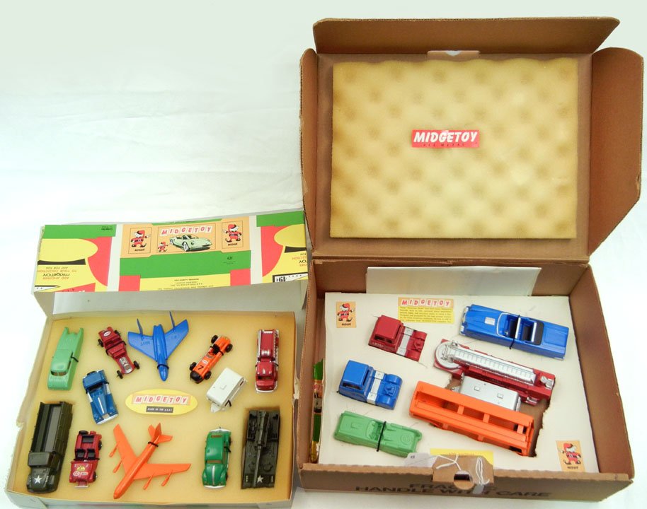 Rare Midgetoy Salesman's Sample set, all Midgetoy aircr: Rare Midgetoy Salesman's Sample set, all Midgetoy aircraft, ambulance, fuel truck, pilot wings, sheriff's badge, gas pumps and signs, mint in box, complete with paperwork