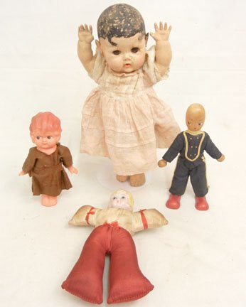 Grouping of assorted dolls, including Effanbee: Grouping of assorted dolls, including Effanbee Dy-Dee baby, 11", celluloid Japan doll, wooden doll, and a pin cushion doll