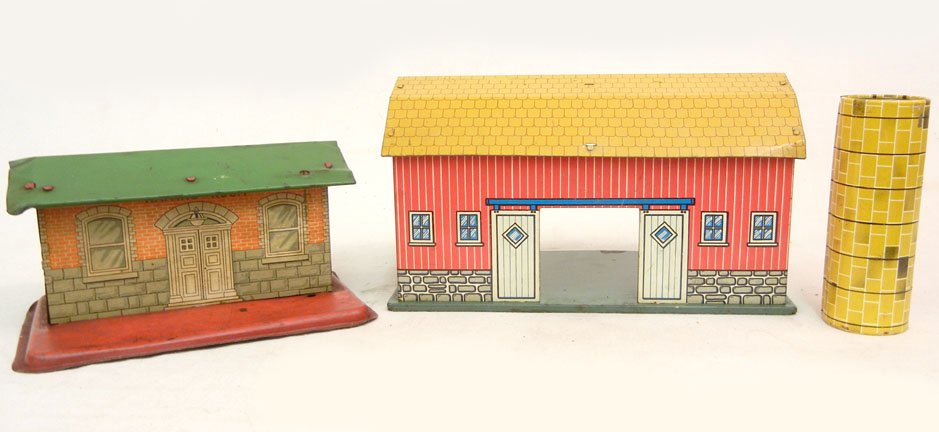 Three tin litho buildings, including Ohio Art Co.: Three tin litho buildings, including Ohio Art Co. barn, silo, and a Glen Ellyn Waiting Room