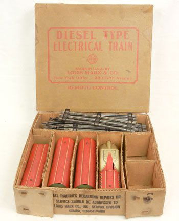 Marx Diesel Type Electrical Train set in original box: Marx Diesel Type Electrical Train set in original box, No. 7674, Union Pacific, with engine, three passenger cars, and track